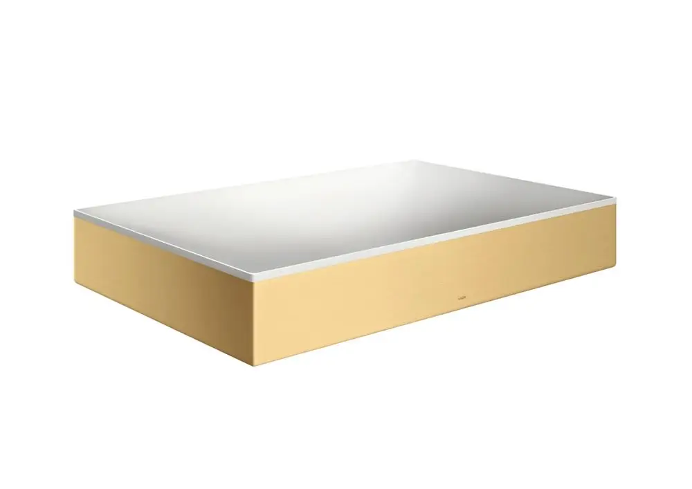 Waschbeckenaufsatz von AXOR in Brushed Gold Optik, rechteckige Form mit glatter, mattierter Oberfläche, ohne Hahnloch und Überlauf, auf flacher Basis.